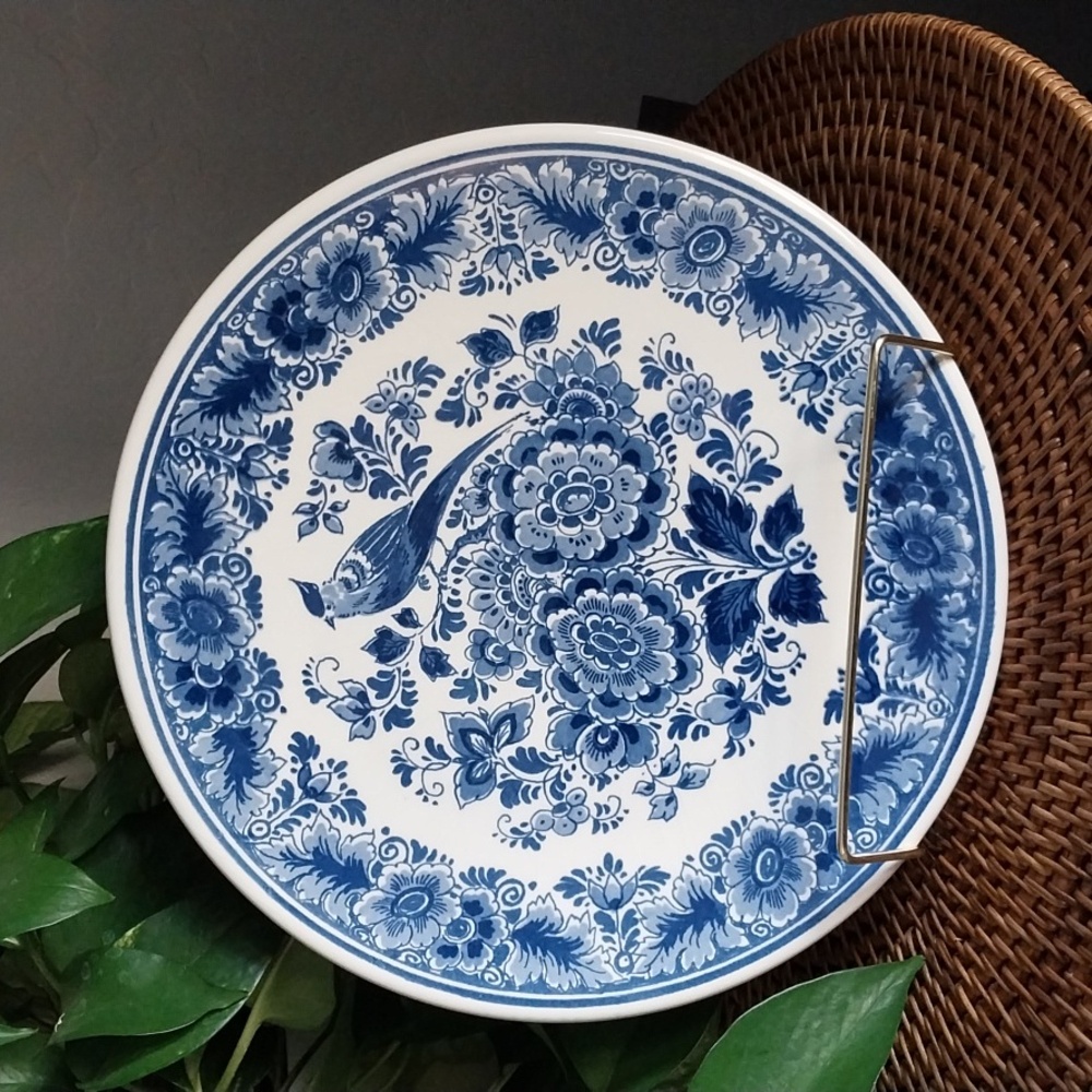 Vintage Delft Blue Plate Handpainted NKI Floral Bird Design